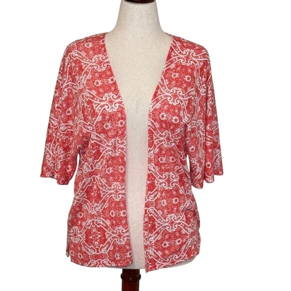 Maurices cardigan coral and white pattered short sleeve open front sweater Sz M - Picture 1 of 9